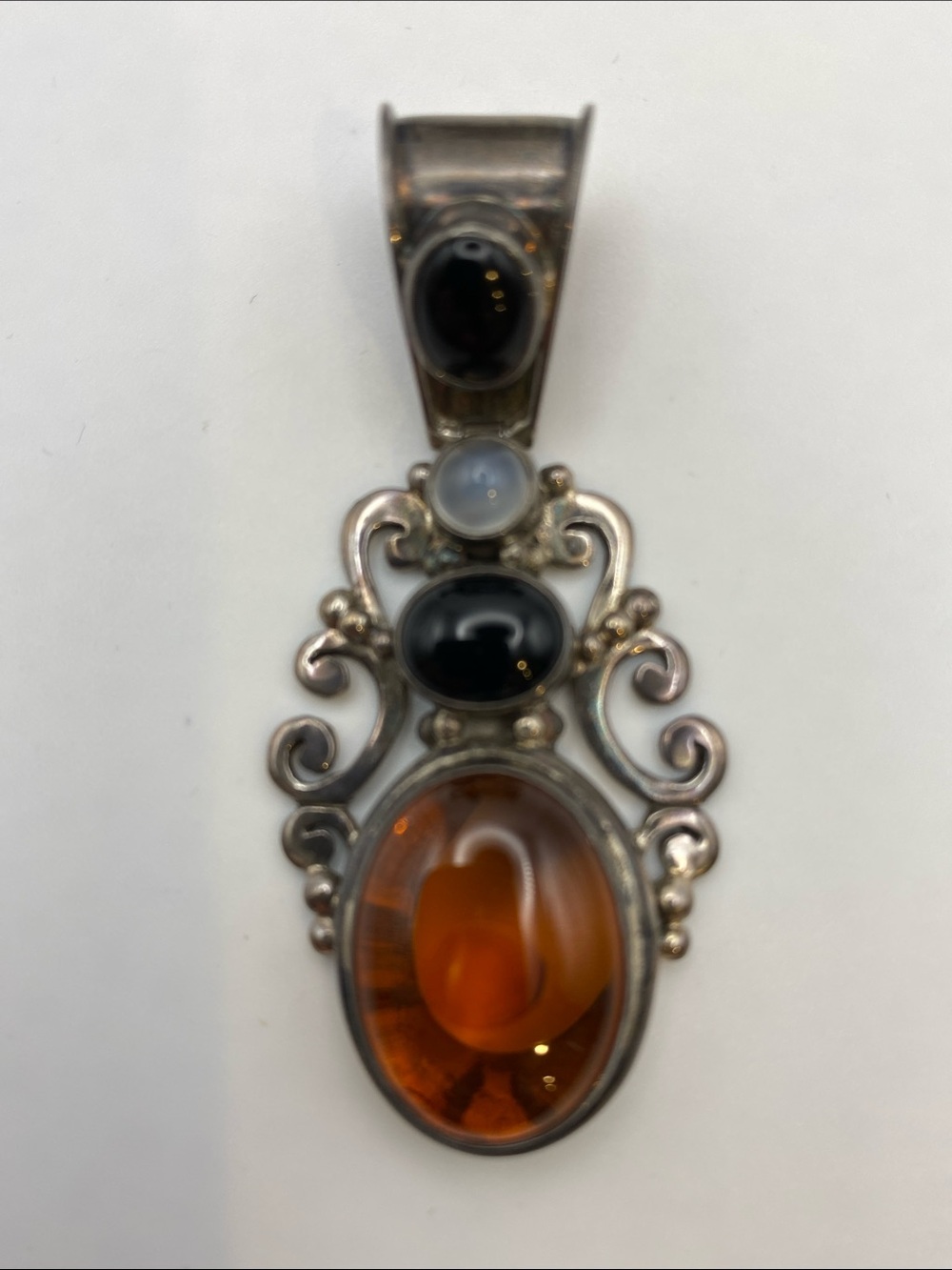 Vintage BA Suarti Indonesia Sterling Silver Multi Gem & Amber Balinese Pendant
